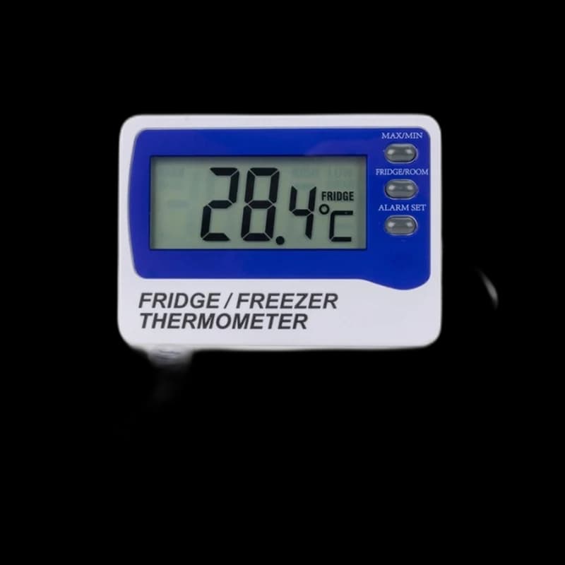 Fridge temperature monitor with external display and door-open alarm