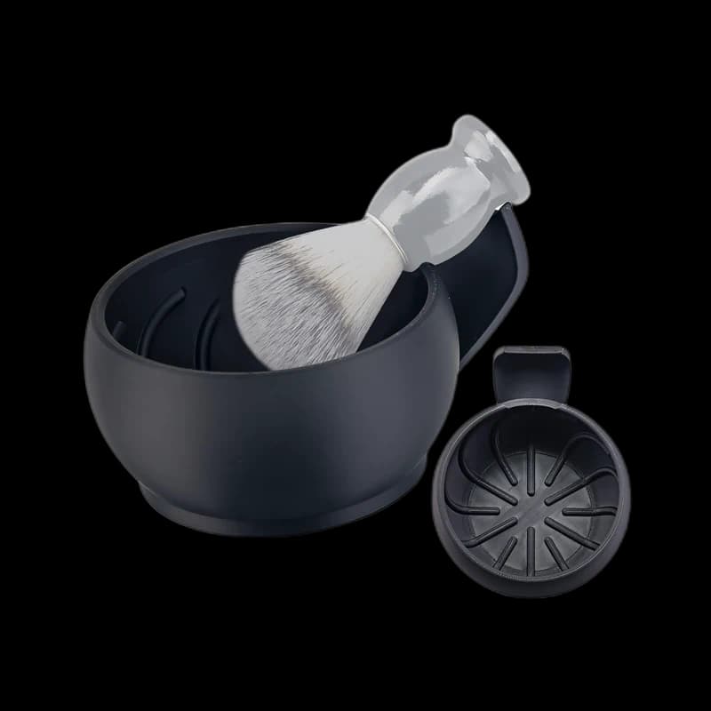Anti-slip shaving bowl with lather ridges and brush-drying stand