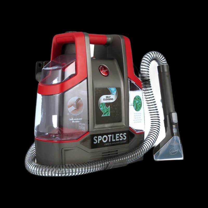 Compact portable upholstery spot cleaner with self-cleaning hose
